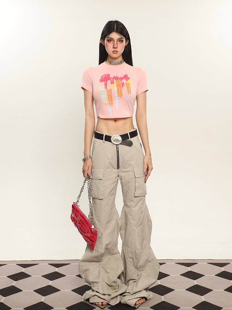 Antmvs Neon Butterfly Graphic Image Print Short Sleeve Cropped Top & Tee