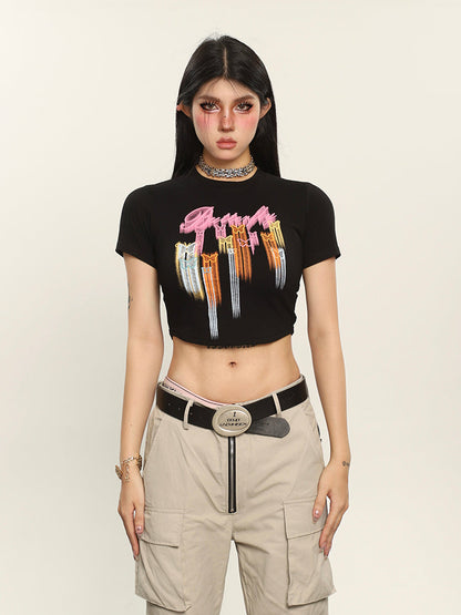 Antmvs Neon Butterfly Graphic Image Print Short Sleeve Cropped Top & Tee