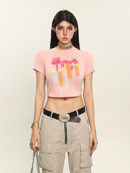 Antmvs Neon Butterfly Graphic Image Print Short Sleeve Cropped Top & Tee