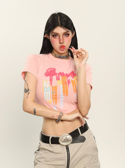 Antmvs Neon Butterfly Graphic Image Print Short Sleeve Cropped Top & Tee