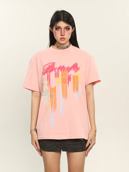 Antmvs Neon Butterfly Graphic Image Print Short Sleeve Cropped Top & Tee