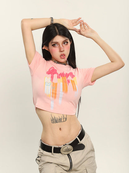 Antmvs Neon Butterfly Graphic Image Print Short Sleeve Cropped Top & Tee