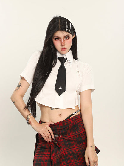 Antmvs Kelsy Solid Color Stitching Design Cropped Office Shirt Top + Necktie