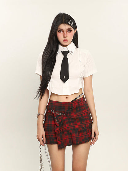 Antmvs Kelsy Solid Color Stitching Design Cropped Office Shirt Top + Necktie