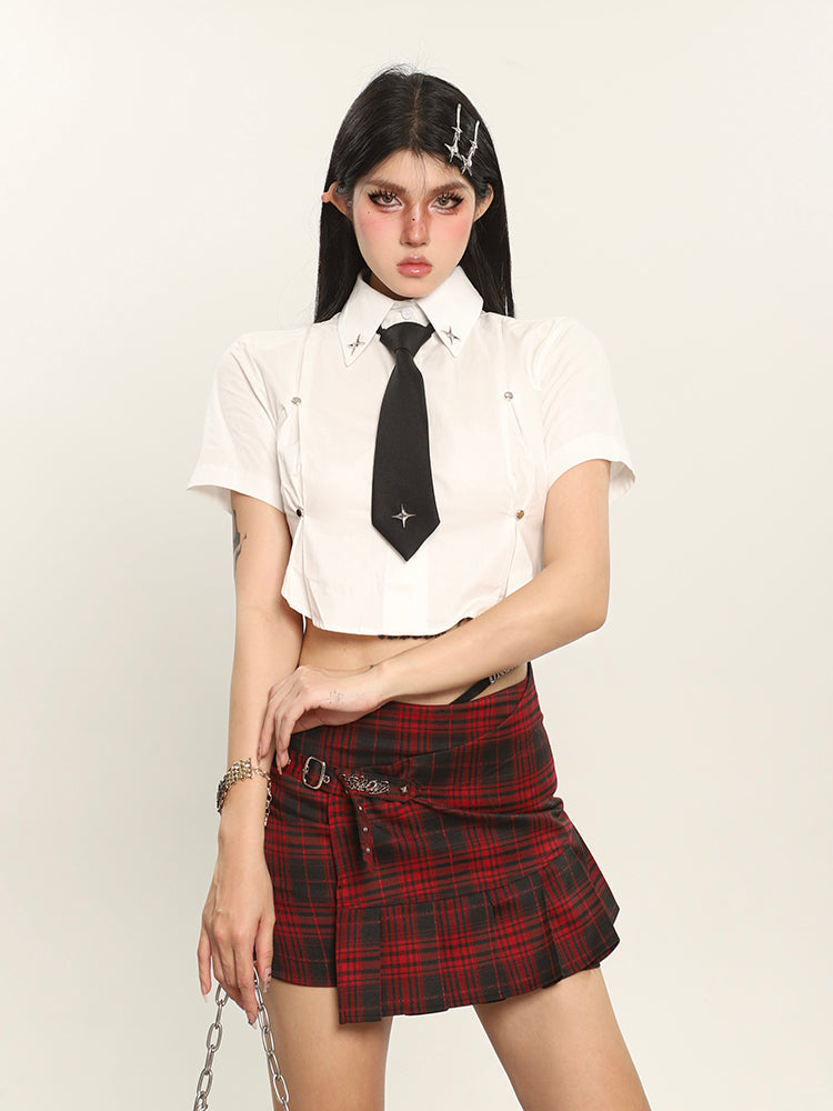 Antmvs Kelsy Solid Color Stitching Design Cropped Office Shirt Top + Necktie