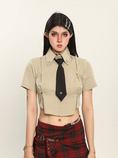 Antmvs Kelsy Solid Color Stitching Design Cropped Office Shirt Top + Necktie