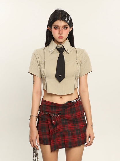 Antmvs Kelsy Solid Color Stitching Design Cropped Office Shirt Top + Necktie