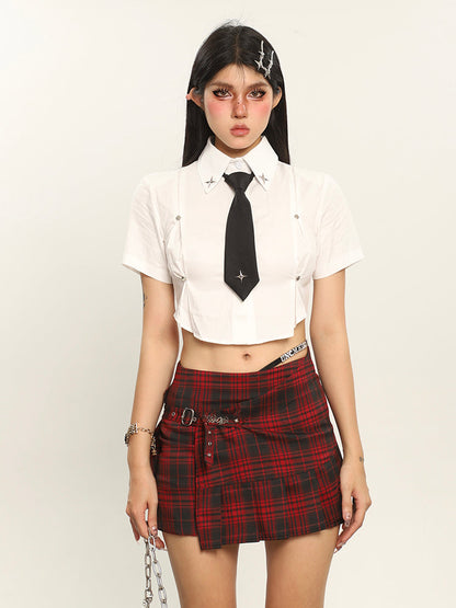 Antmvs Kelsy Solid Color Stitching Design Cropped Office Shirt Top + Necktie