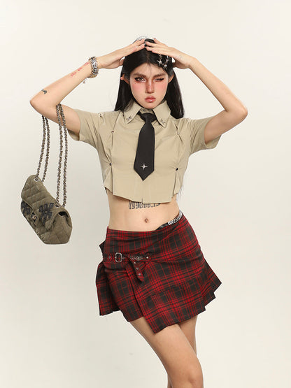 Antmvs Kelsy Solid Color Stitching Design Cropped Office Shirt Top + Necktie