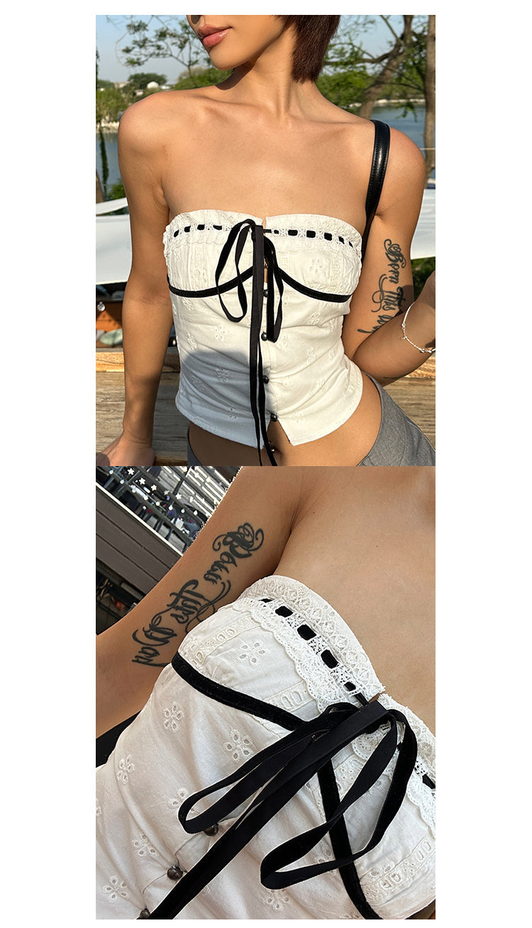 Antmvs Vanessa Sweet Crochet Black Drawstring White Bandeau Top