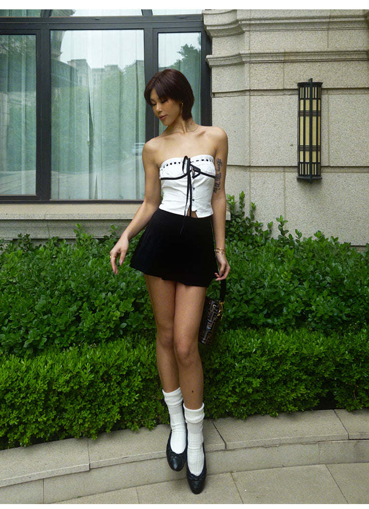 Antmvs Vanessa Sweet Crochet Black Drawstring White Bandeau Top