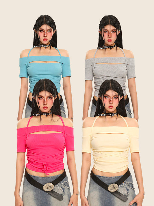 Antmvs Lizzi Solid Color Off-the-Shoulder Halter Short Sleeve Slim Ribbed Cropped Top