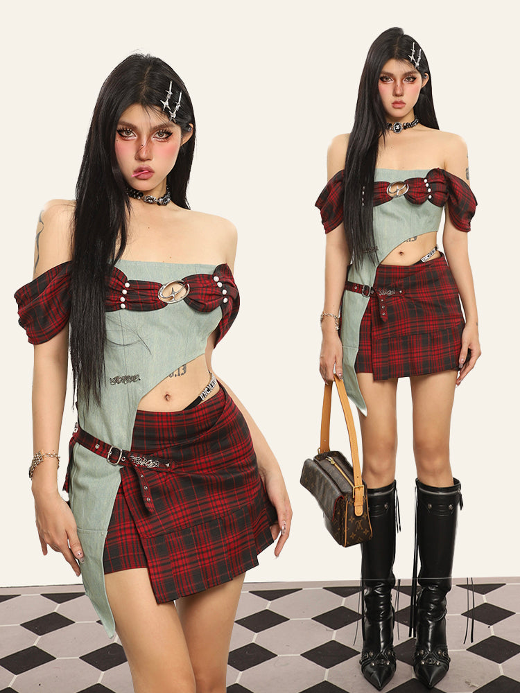 Antmvs Dauna Red Check Paneled Denim College Off-the-Shoulder Top + Belt Strap Mini Skirt Matching Set