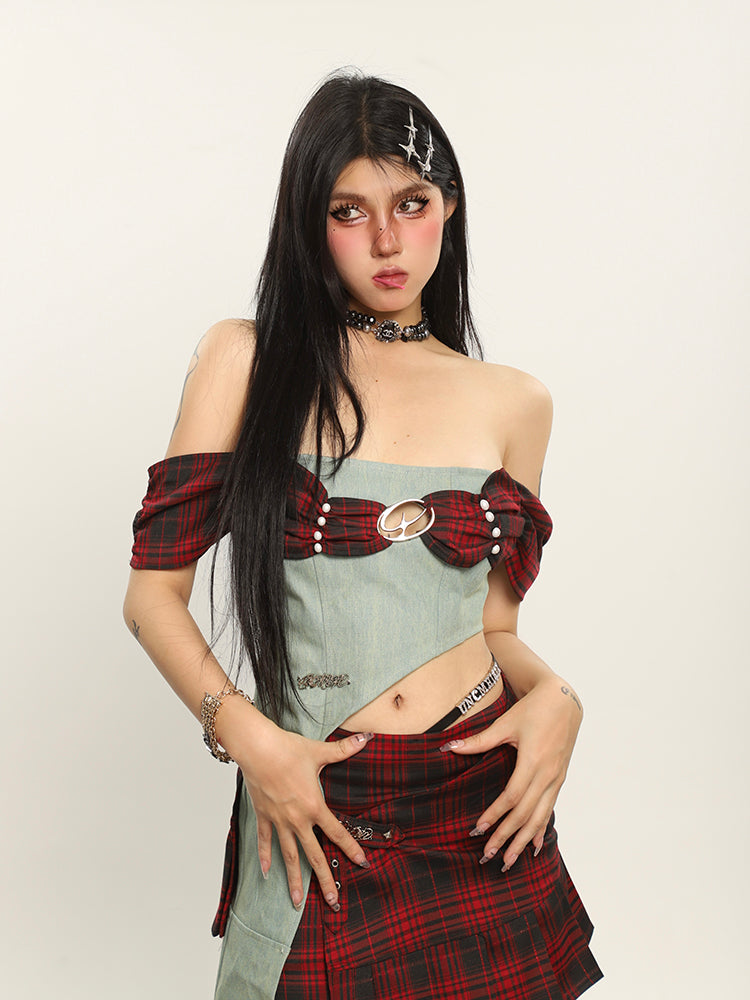 Antmvs Dauna Red Check Paneled Denim College Off-the-Shoulder Top + Belt Strap Mini Skirt Matching Set