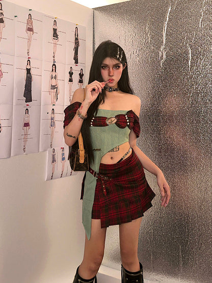 Antmvs Dauna Red Check Paneled Denim College Off-the-Shoulder Top + Belt Strap Mini Skirt Matching Set