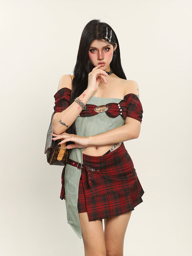 Antmvs Dauna Red Check Paneled Denim College Off-the-Shoulder Top + Belt Strap Mini Skirt Matching Set