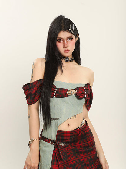 Antmvs Dauna Red Check Paneled Denim College Off-the-Shoulder Top + Belt Strap Mini Skirt Matching Set