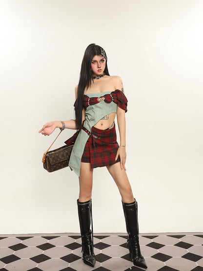 Antmvs Dauna Red Check Paneled Denim College Off-the-Shoulder Top + Belt Strap Mini Skirt Matching Set