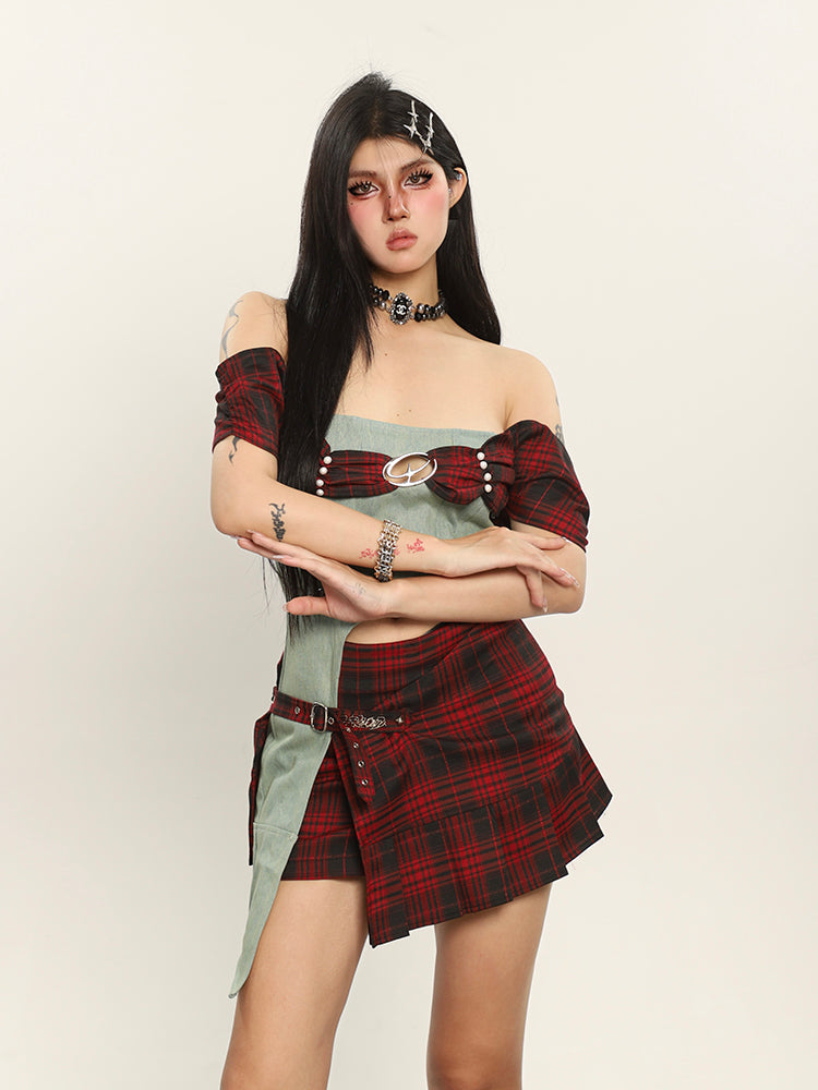 Antmvs Dauna Red Check Paneled Denim College Off-the-Shoulder Top + Belt Strap Mini Skirt Matching Set