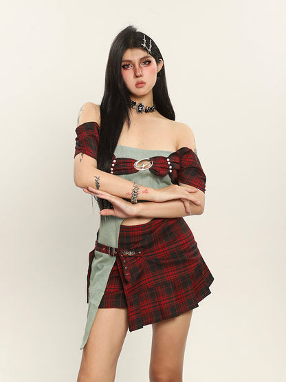 Antmvs Dauna Red Check Paneled Denim College Off-the-Shoulder Top + Belt Strap Mini Skirt Matching Set