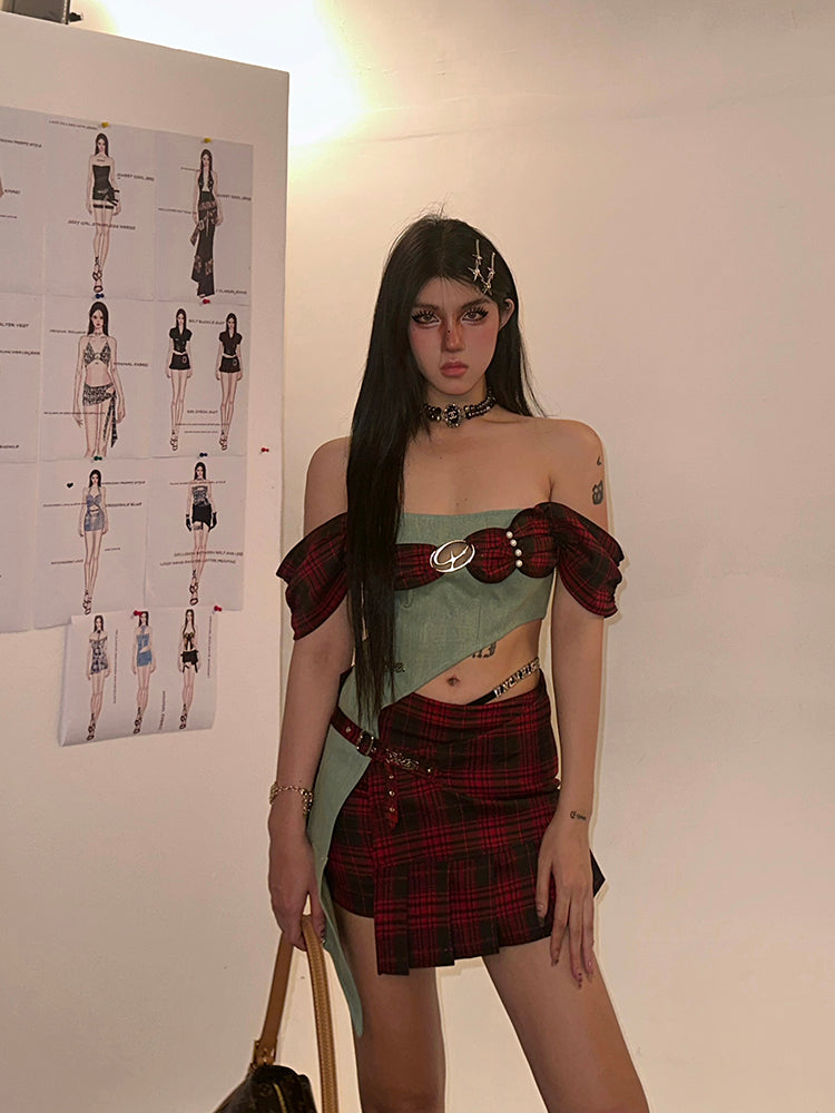 Antmvs Dauna Red Check Paneled Denim College Off-the-Shoulder Top + Belt Strap Mini Skirt Matching Set