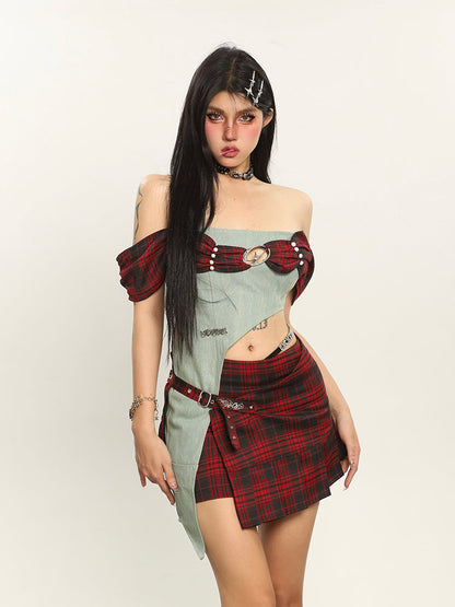 Antmvs Dauna Red Check Paneled Denim College Off-the-Shoulder Top + Belt Strap Mini Skirt Matching Set