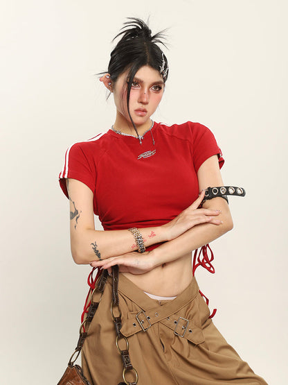 Antmvs Ming Solid Color Side Ruched Drawstring Short Sleeve Cropped Top