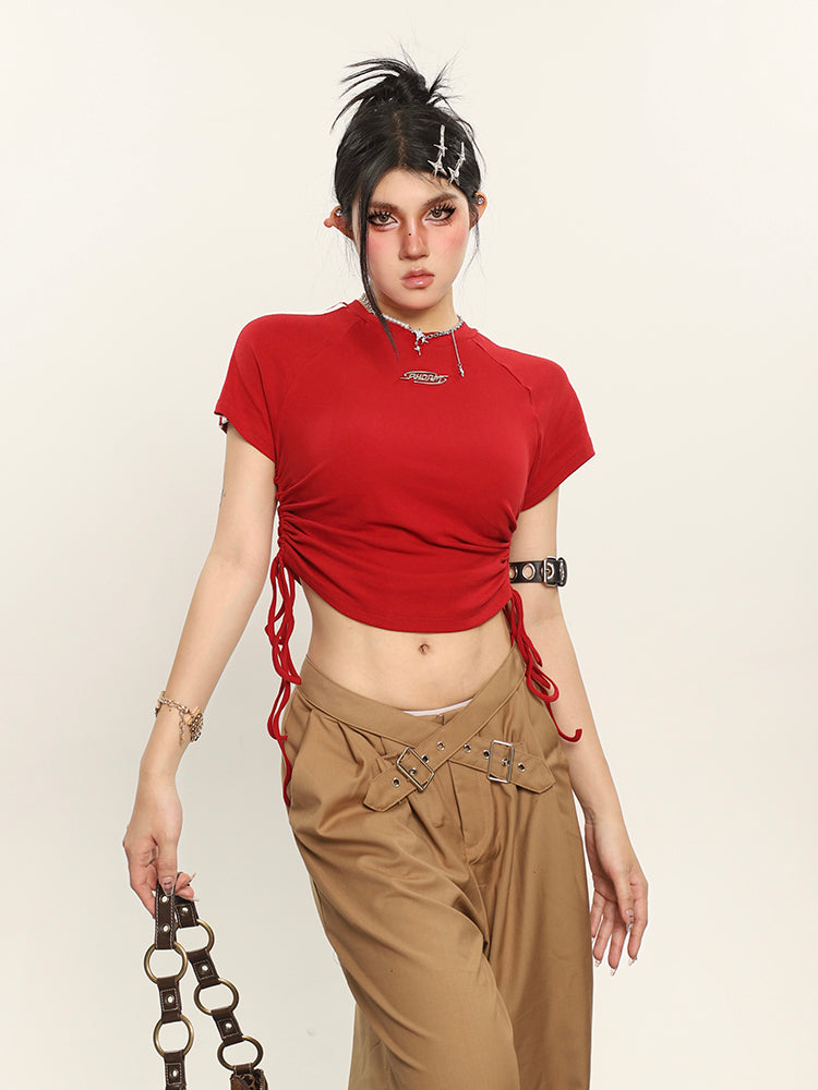 Antmvs Ming Solid Color Side Ruched Drawstring Short Sleeve Cropped Top