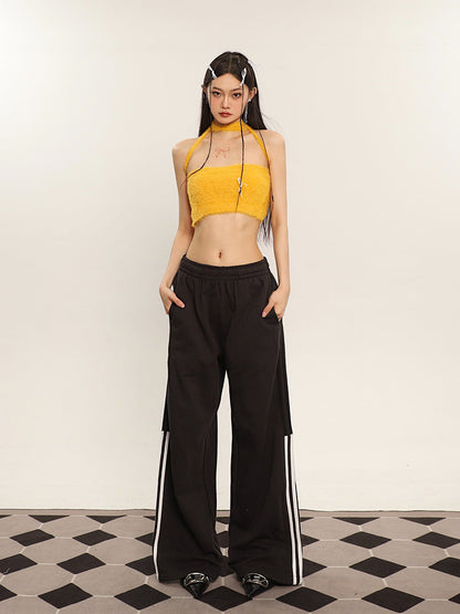 Antmvs Ilas Solid Color Halter Fluff Slim Cropped Top