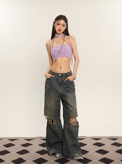 Antmvs Ilas Solid Color Halter Fluff Slim Cropped Top