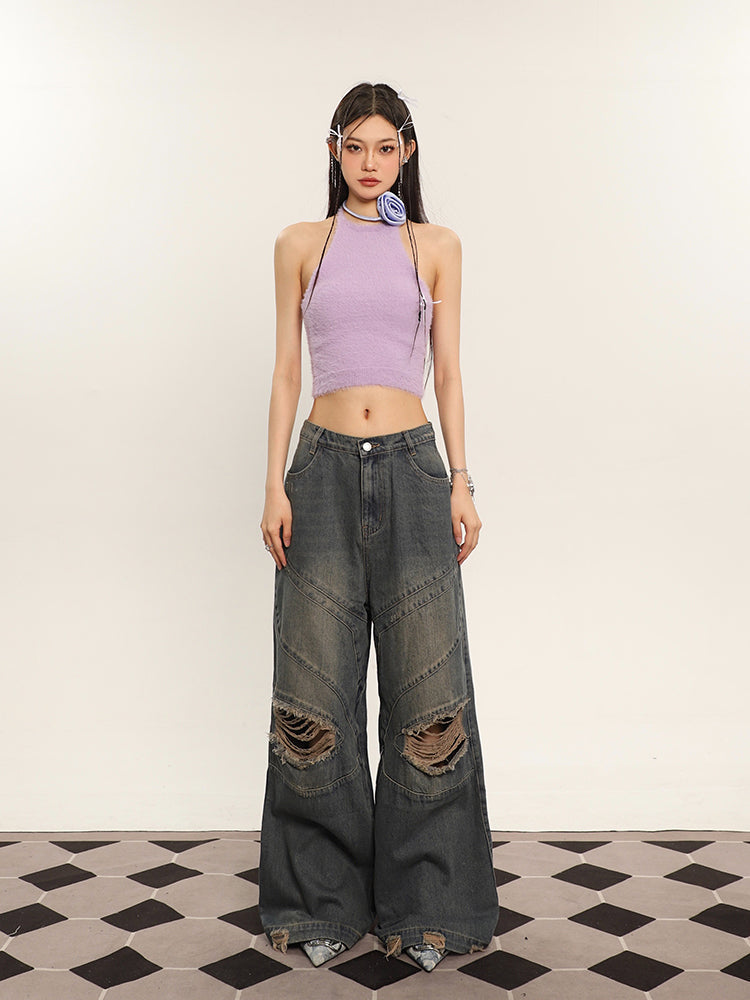 Antmvs Ilas Solid Color Halter Fluff Slim Cropped Top