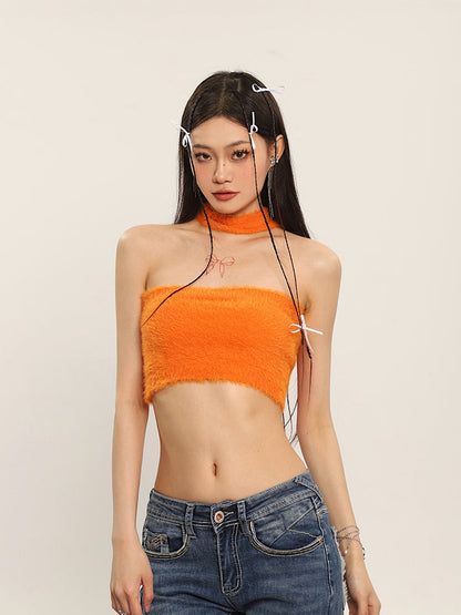 Antmvs Ilas Solid Color Halter Fluff Slim Cropped Top