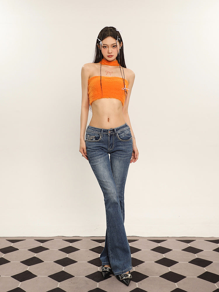 Antmvs Ilas Solid Color Halter Fluff Slim Cropped Top