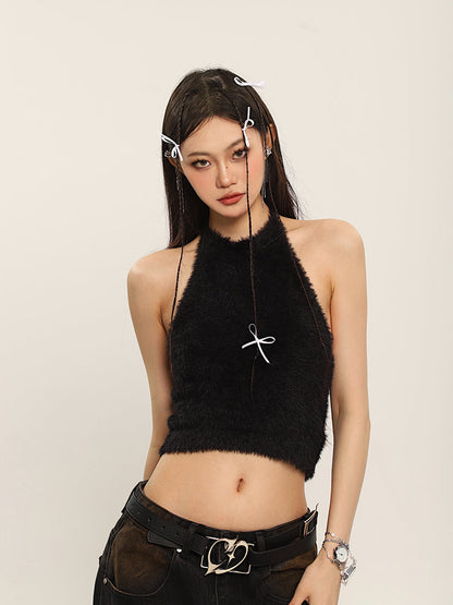 Antmvs Ilas Solid Color Halter Fluff Slim Cropped Top