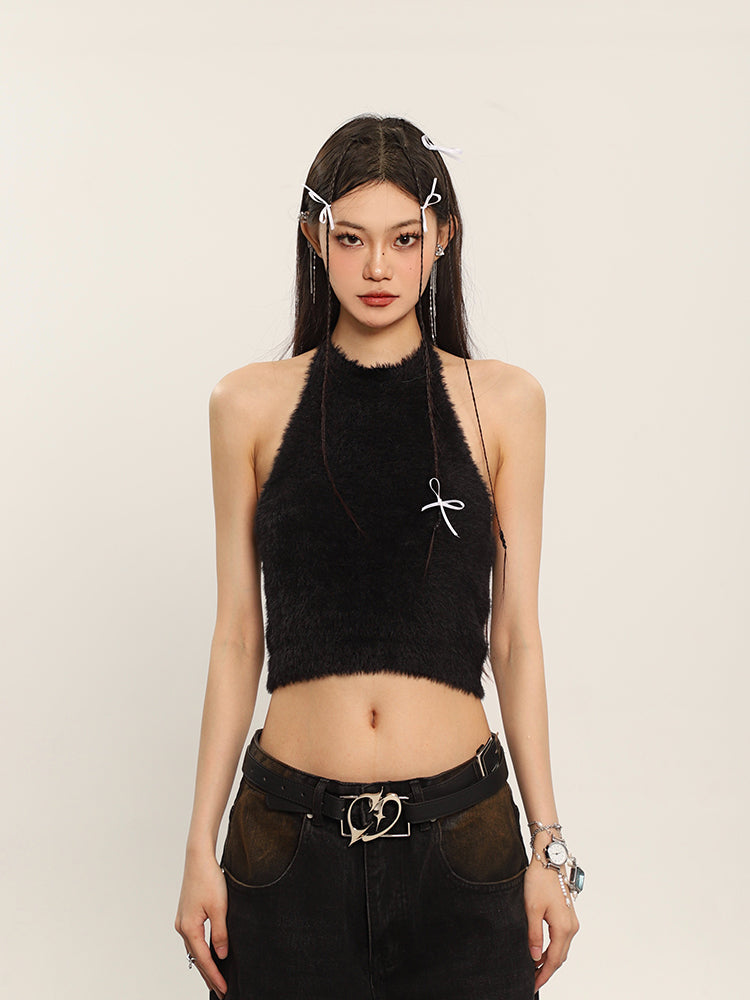 Antmvs Ilas Solid Color Halter Fluff Slim Cropped Top