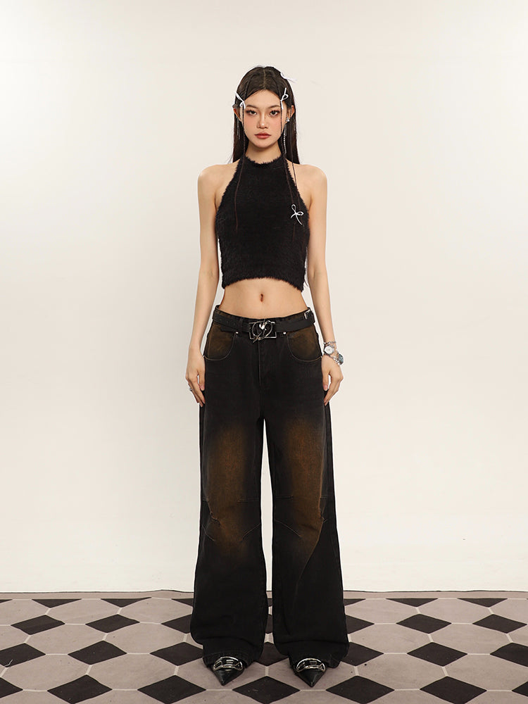 Antmvs Ilas Solid Color Halter Fluff Slim Cropped Top