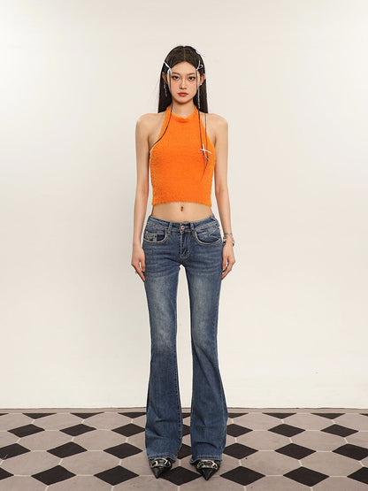 Antmvs Ilas Solid Color Halter Fluff Slim Cropped Top