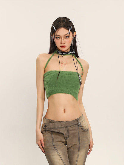 Antmvs Ilas Solid Color Halter Fluff Slim Cropped Top