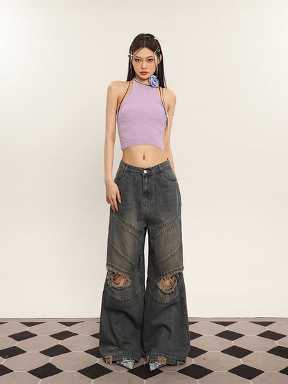 Antmvs Ilas Solid Color Halter Fluff Slim Cropped Top