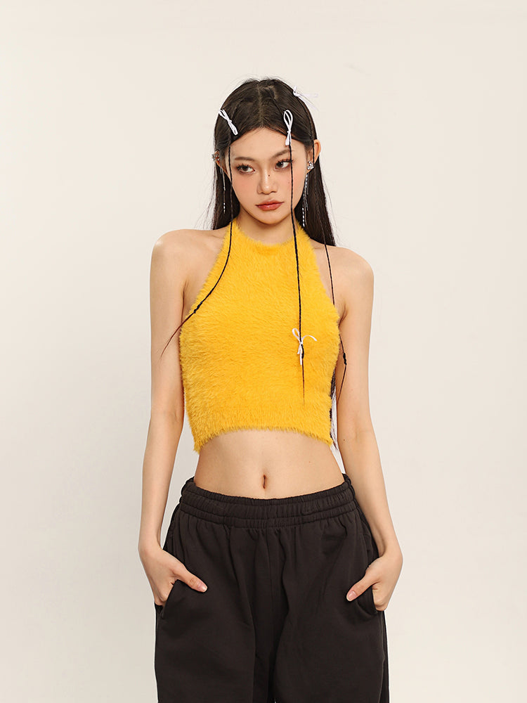 Antmvs Ilas Solid Color Halter Fluff Slim Cropped Top