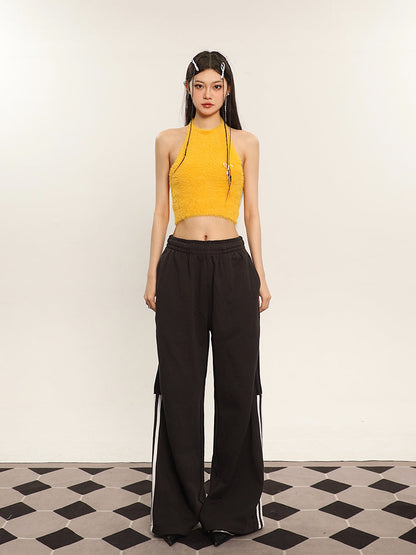 Antmvs Ilas Solid Color Halter Fluff Slim Cropped Top