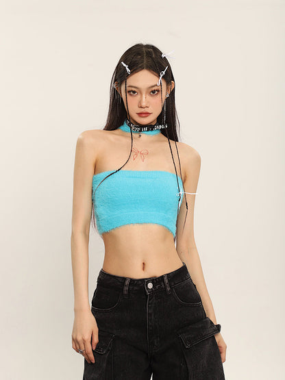 Antmvs Ilas Solid Color Halter Fluff Slim Cropped Top