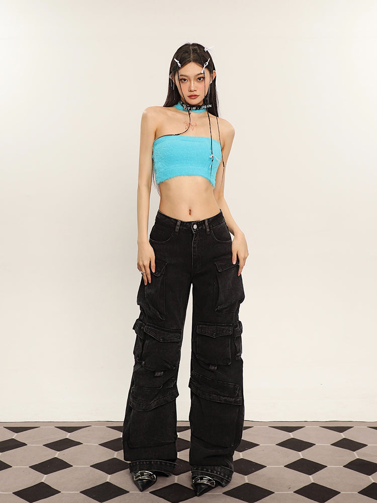 Antmvs Ilas Solid Color Halter Fluff Slim Cropped Top