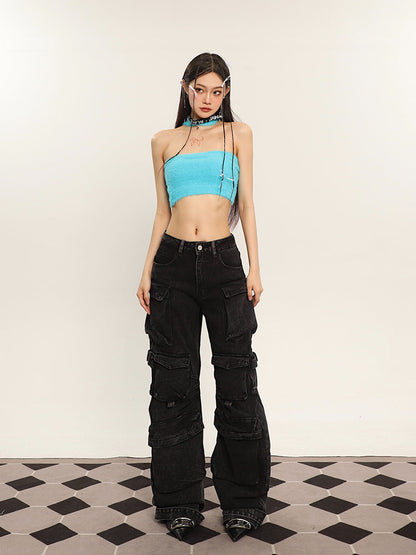 Antmvs Ilas Solid Color Halter Fluff Slim Cropped Top