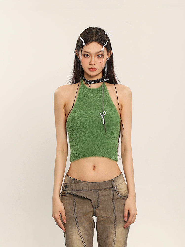 Antmvs Ilas Solid Color Halter Fluff Slim Cropped Top