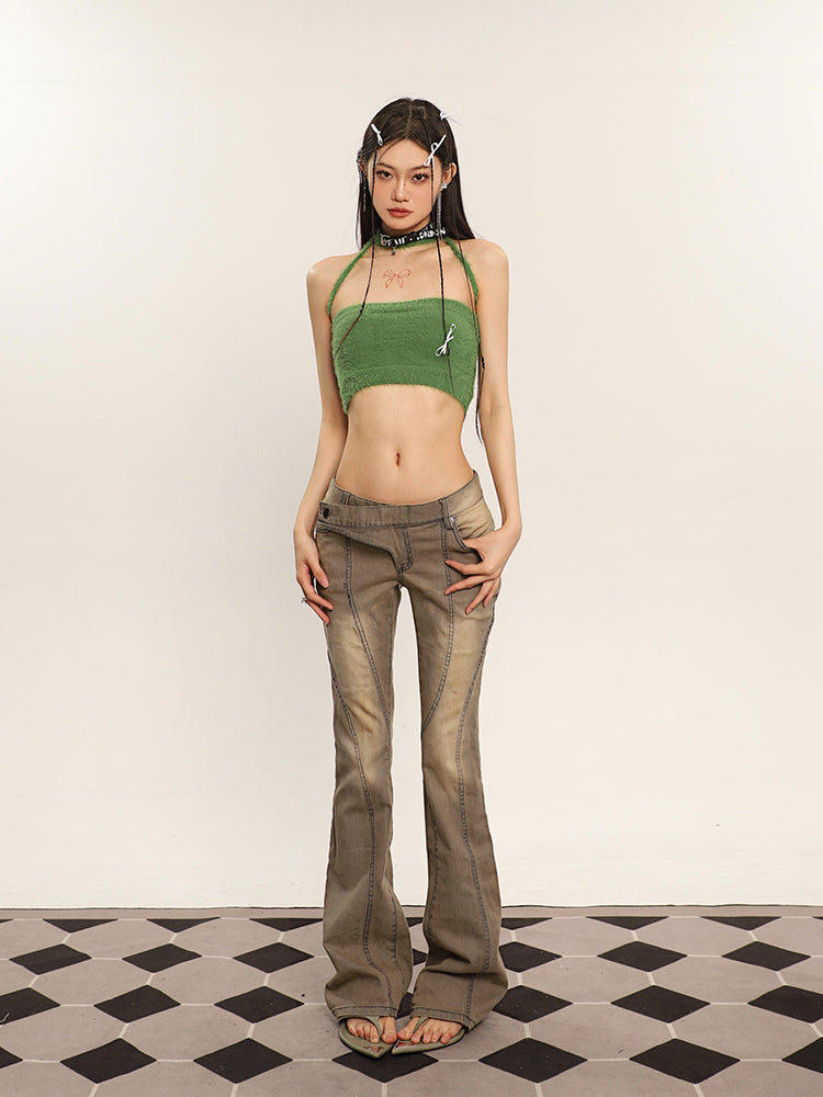 Antmvs Ilas Solid Color Halter Fluff Slim Cropped Top