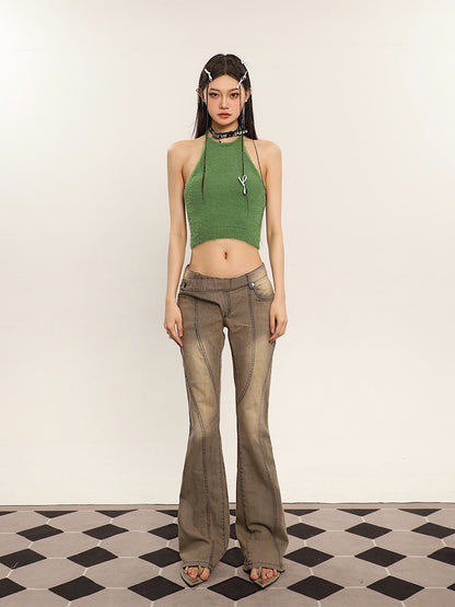 Antmvs Ilas Solid Color Halter Fluff Slim Cropped Top