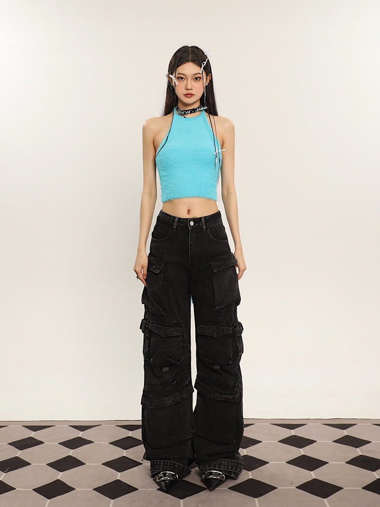 Antmvs Ilas Solid Color Halter Fluff Slim Cropped Top