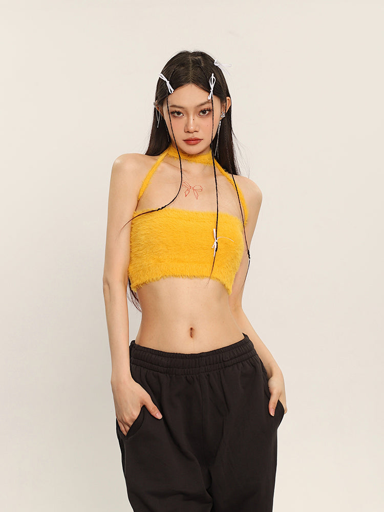 Antmvs Ilas Solid Color Halter Fluff Slim Cropped Top