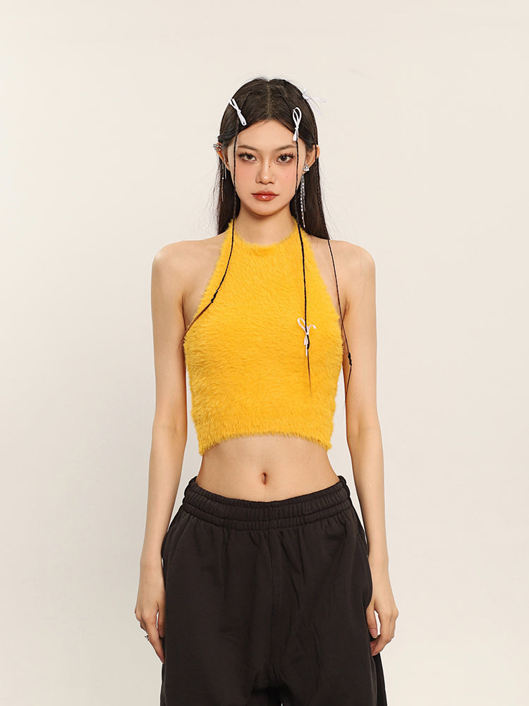 Antmvs Ilas Solid Color Halter Fluff Slim Cropped Top